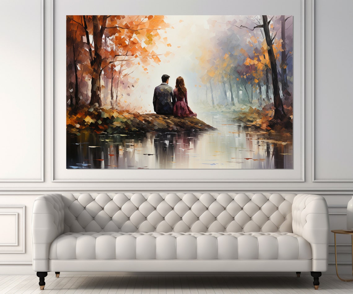 Romantic Couple By Autumn Lake Misty Forest Triptych Wall Poster - Image 4