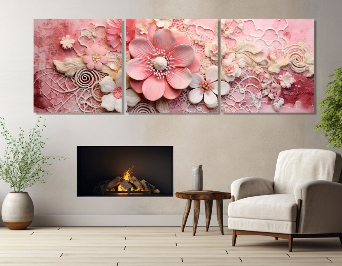 Pink 3D Floral Lace Rosy Background Romantic Panoramic Decor Wall Art - Image 4