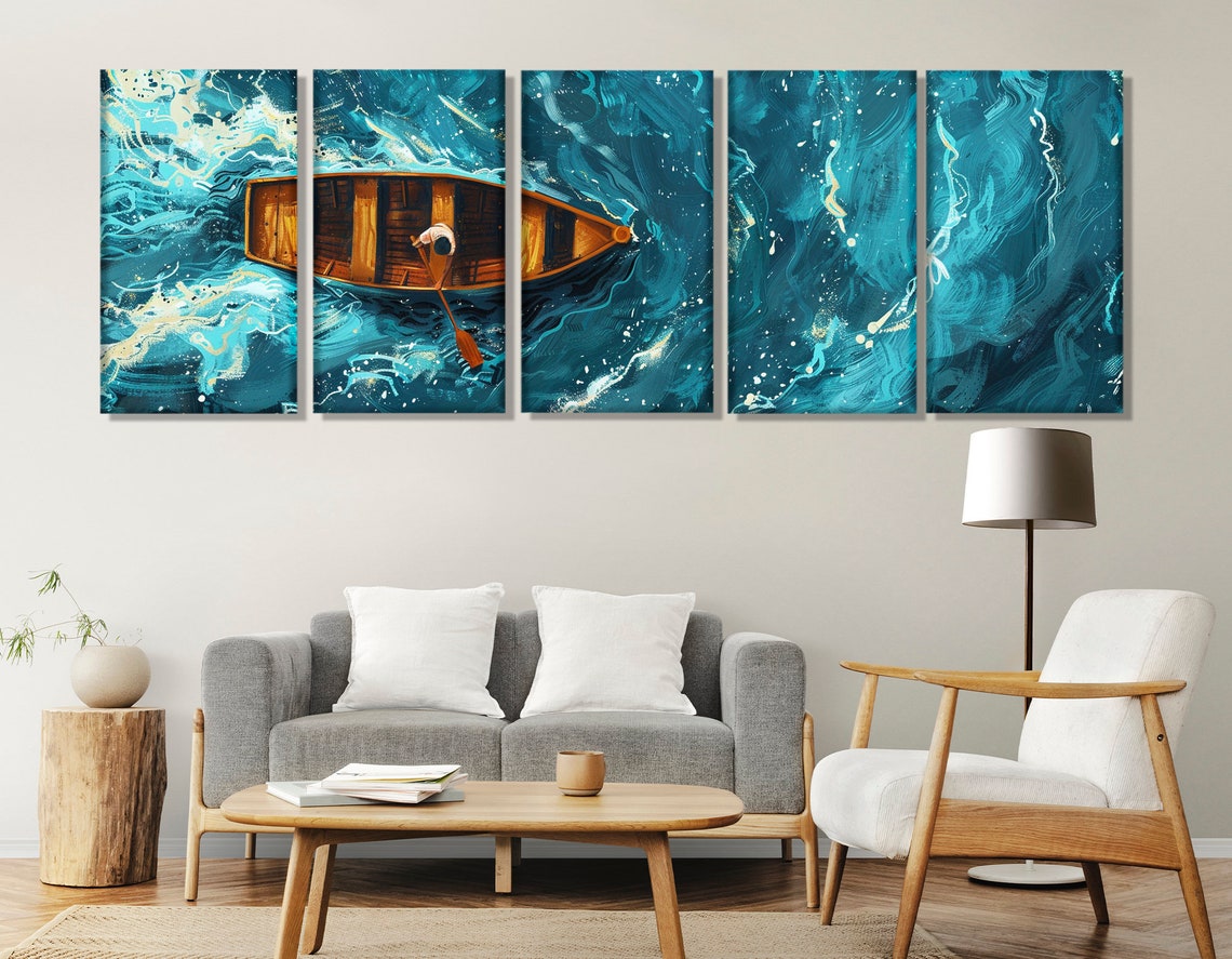 Lone Rower Wooden Boat Aerial Turquoise Water Minimalist Poster - Image 3