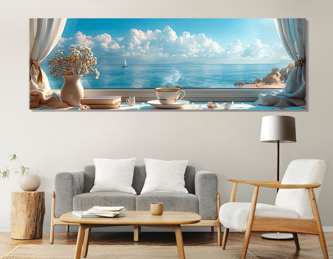 Window Sea View Morning Coffee Sailboat Coastal Illusion Poster - Image 2