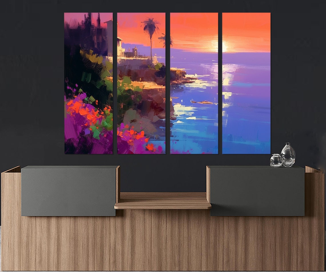 Colorful Coastal Cliff Villa Sunset Palm Trees Tropical Art Poster - Image 2