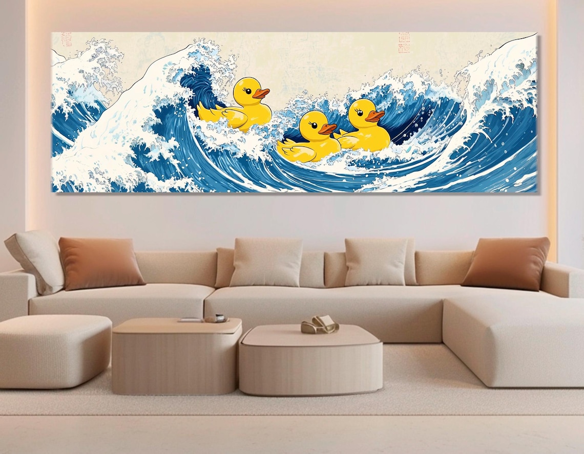 Rubber Ducks Riding Great Wave Japanese Funny Kanagawa Parody Poster