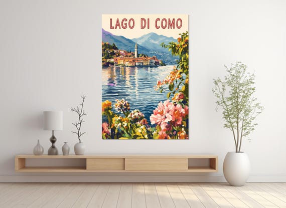 Lake Como Painting Print Scenic Italian Lake Poster Italian Wall Art Vertical Lake Como Painting Framed Ready To Hang