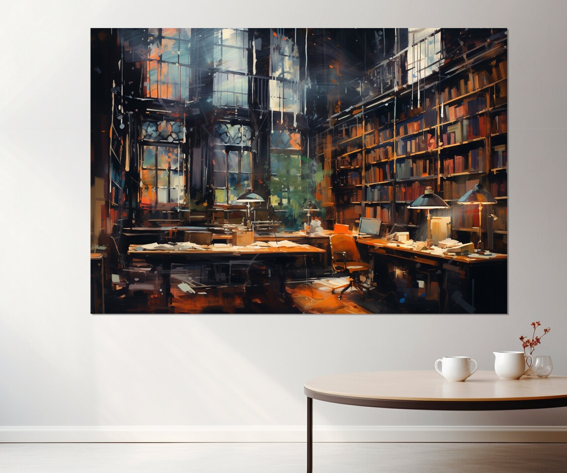 Abstract Library Oil Painting Print, Library Decor
