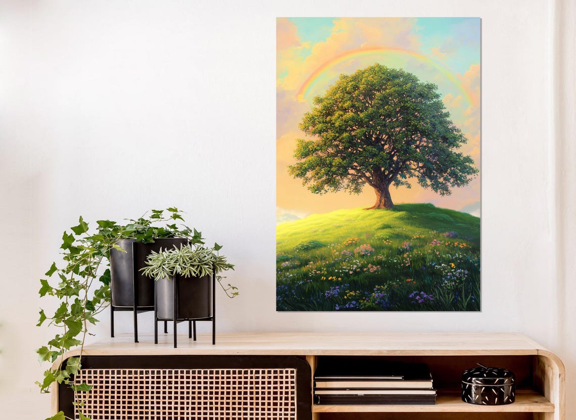 Lone Oak Tree on Flower Meadow Hill With Rainbow Pastel Sky Art Poster - Image 4