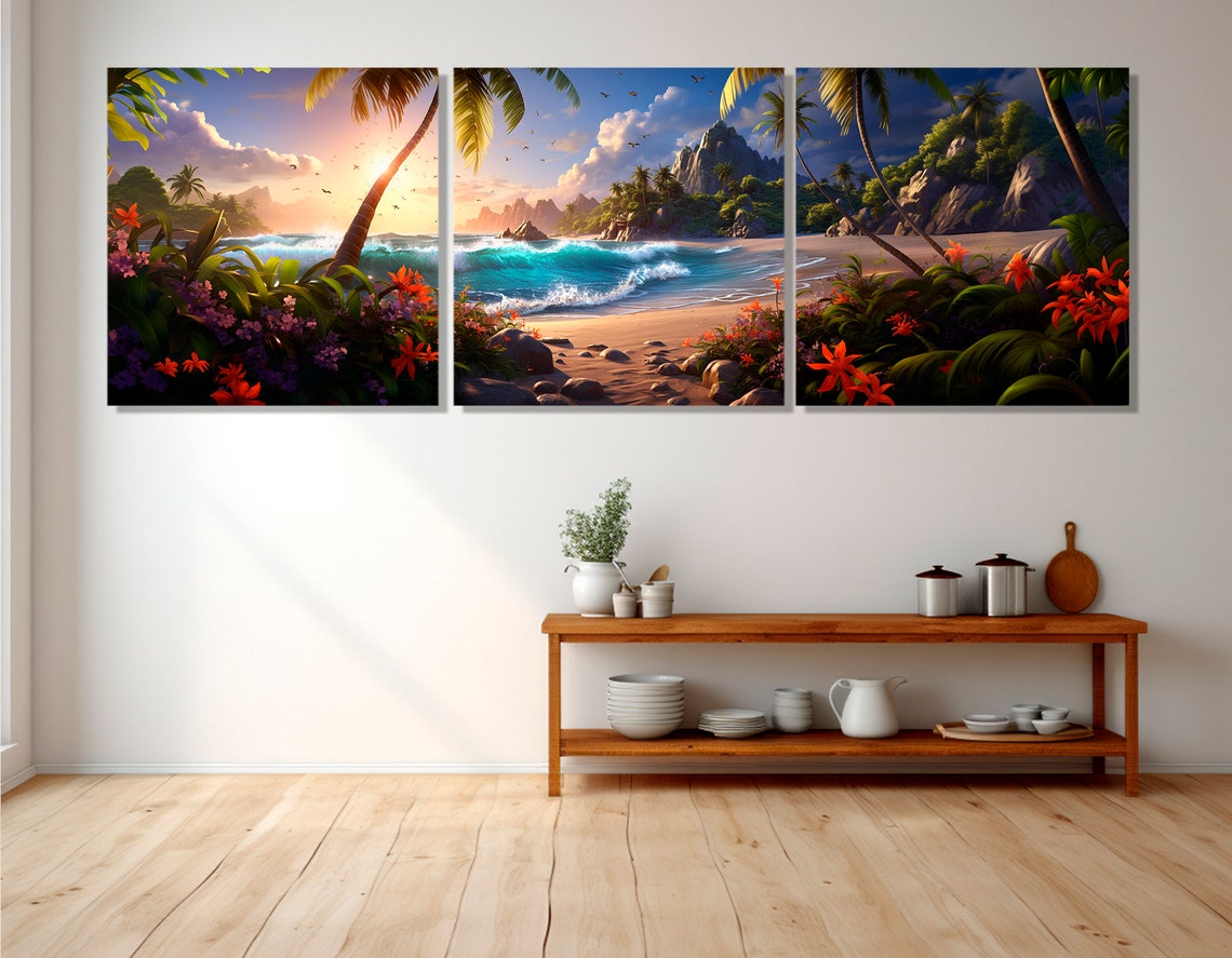 Tropical Beach Sunset Palm Trees Rocky Island Panoramic Poster - Image 3