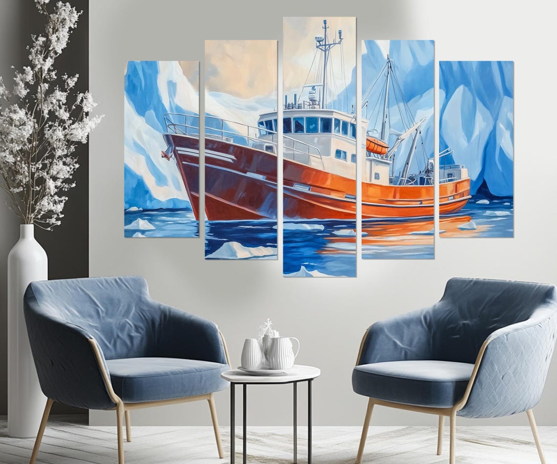 Fishing Boat In Northern Sea Print Motor Boat In Glaciers Painting Fishing Boat Wall Art Framed And Ready To Hang - Image 3