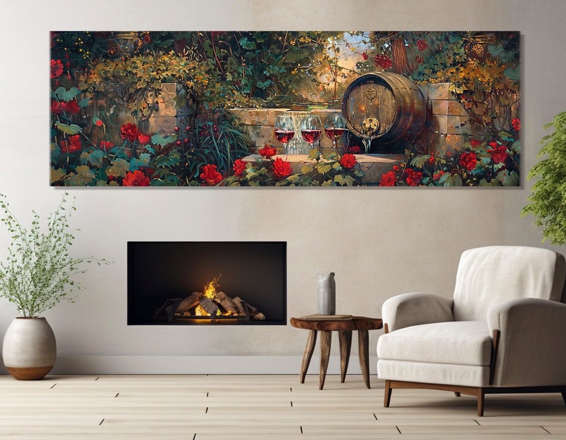 Vintage Wine Barrel Rose Garden Glasses Rustic Winery Wall Art
