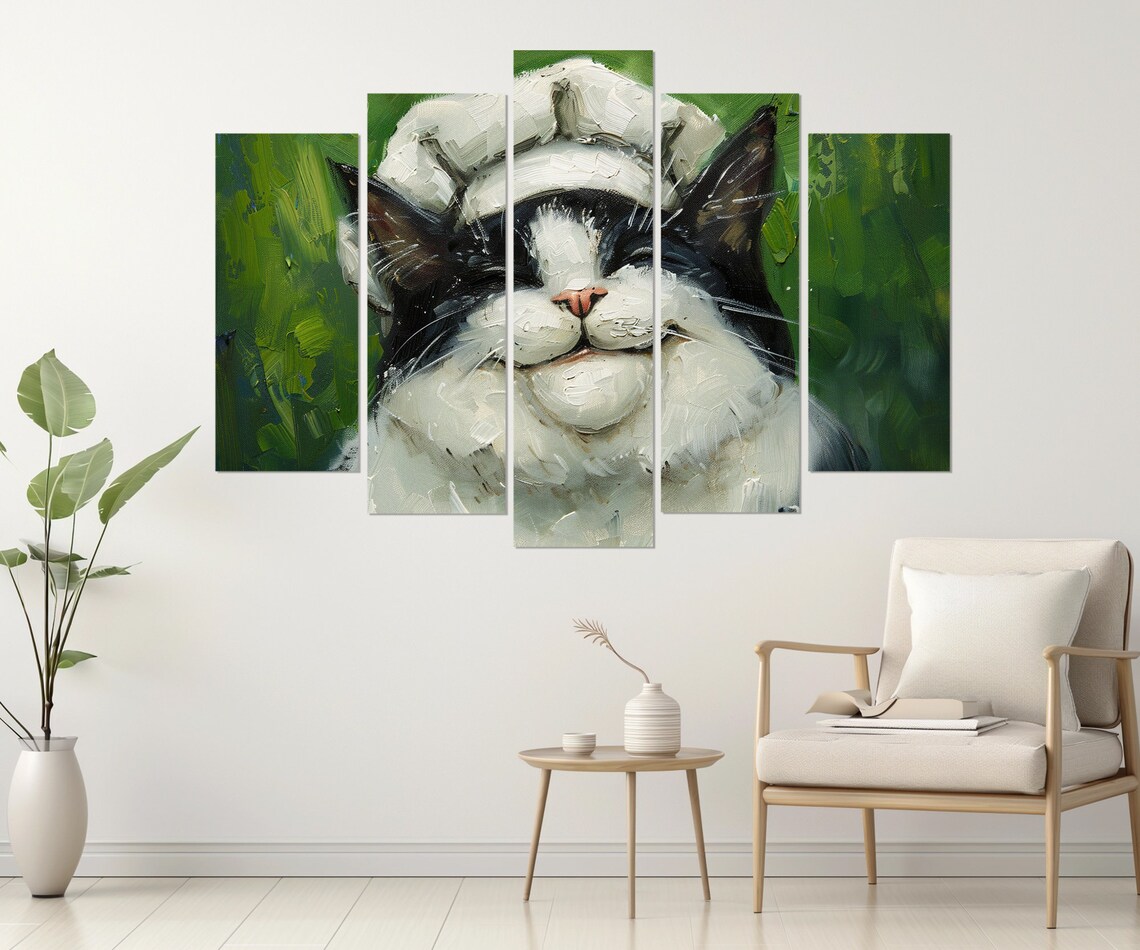 Smiling Tuxedo Cat Chef Hat Oil Painting Green Kitchen Wall Poster - Image 3