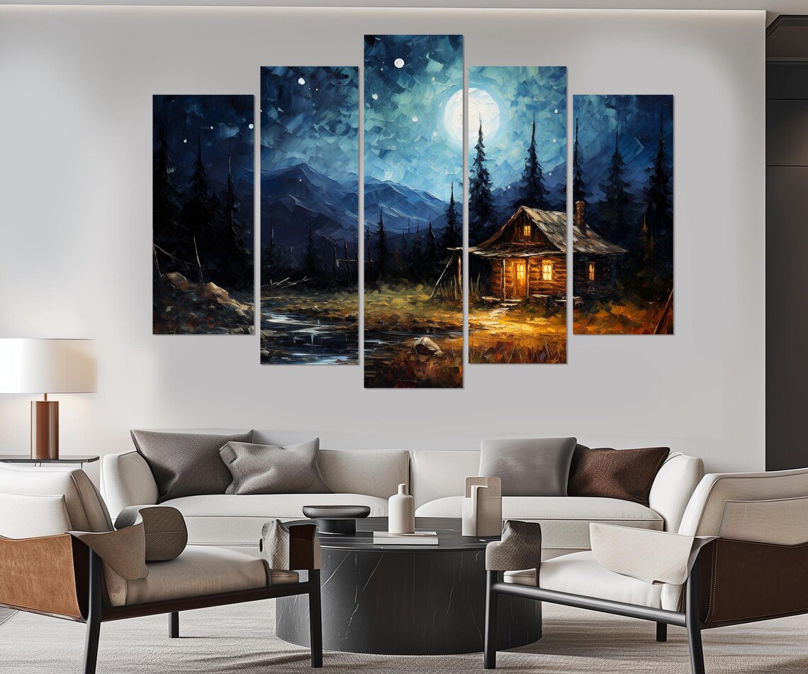 Moonlit Log Cabin Starry Night Sky Mountain Lake Rustic Wall Art Poster - Image 3