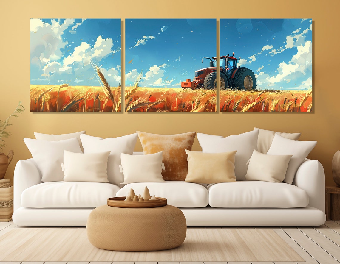 Red Tractor In Golden Wheat Field Bright Blue Sky Farm Decor Poster - Image 4