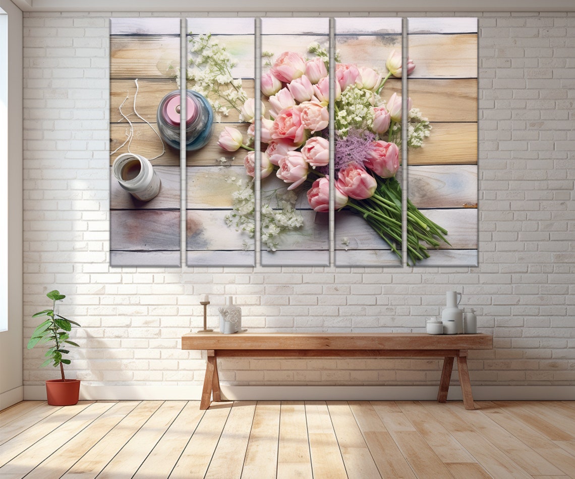 Pink Tulip Bouquet Baby Breath Rustic Wood Table Floral Poster - Image 3