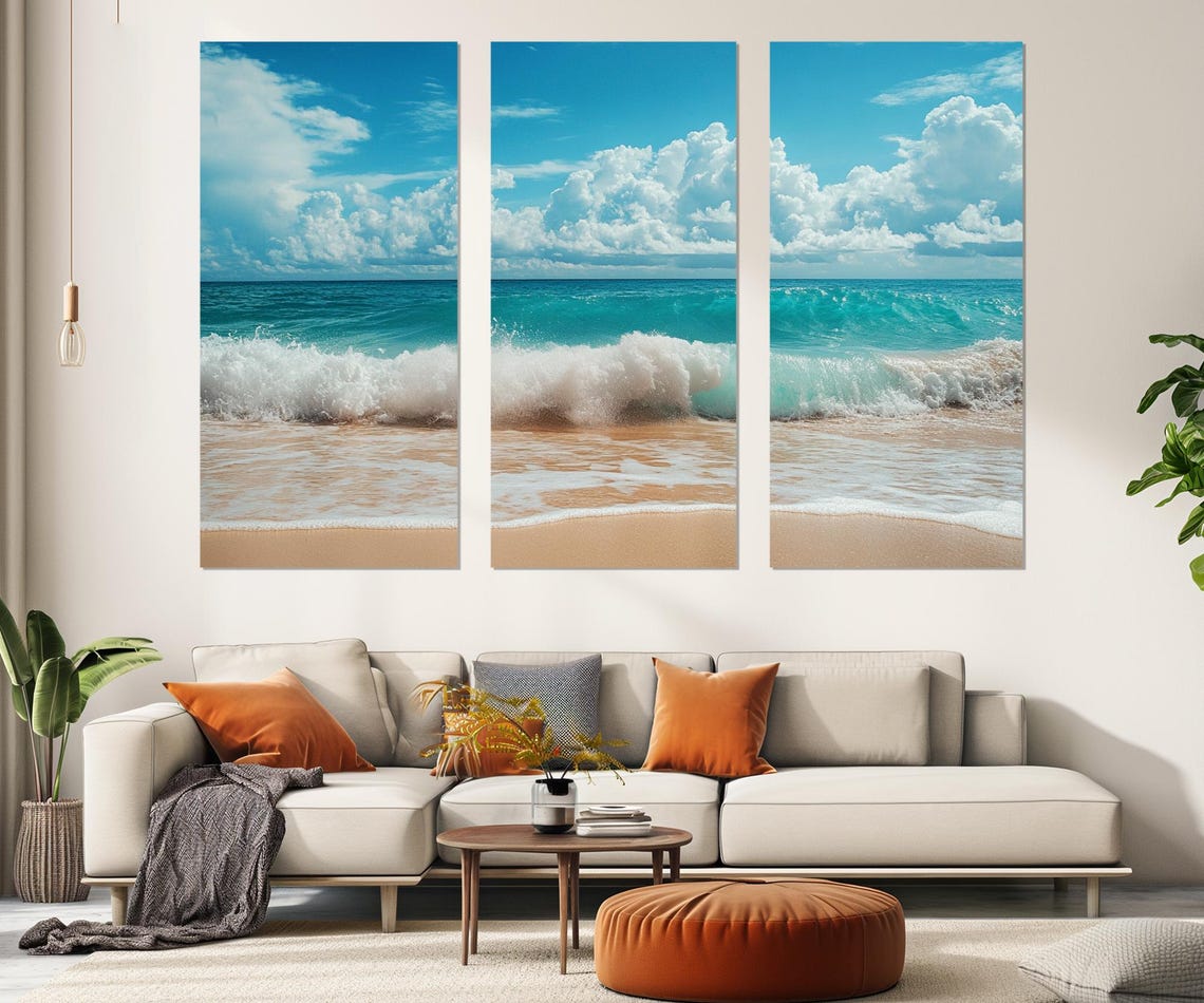 Turquoise Ocean Wave Crashing On Sandy Beach Cloudy Sky Wall Poster - Image 4