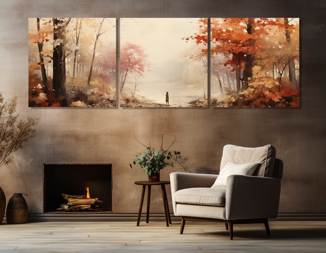 Autumn Forest Lone Figure Misty Lake Red Leaves Panoramic Poster - Image 4
