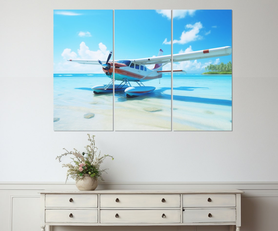 Seaplane Floating On Turquoise Beach Water Sunny Sky Travel Poster - Image 4