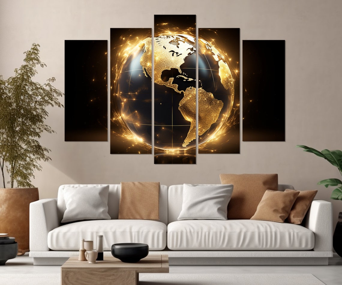 Abstract Golden Earth Americas Globe Sparkling Black Wall Art Print - Image 3