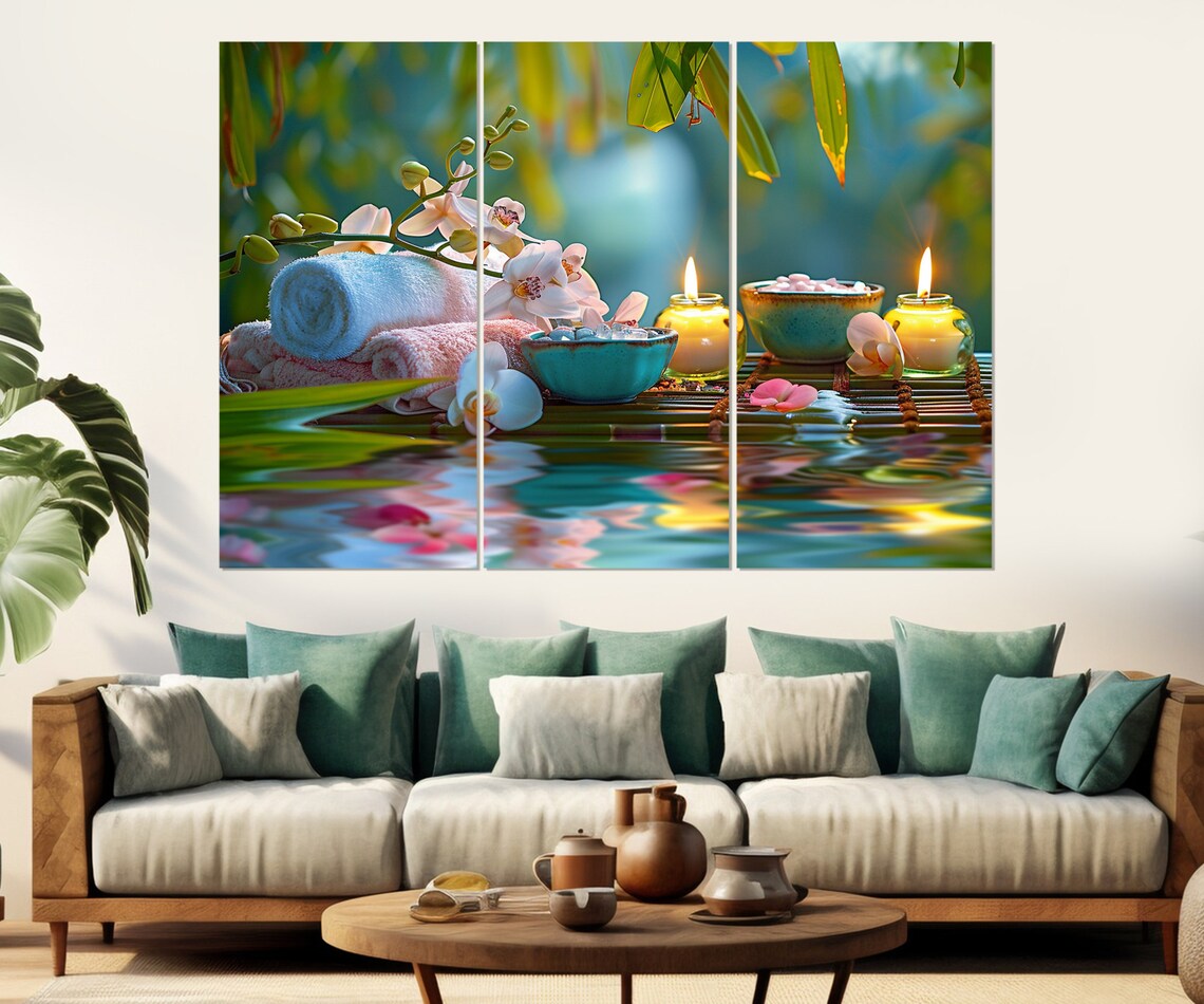 Zen Spa Scene Towels Orchids Candles Calm Water Serene Relaxation Wall Art - Image 4