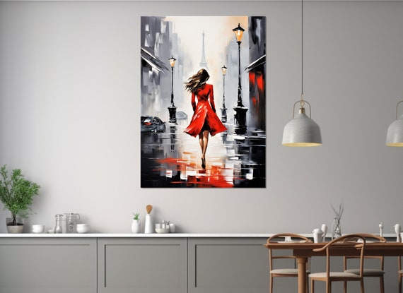 Abstract Paris Painting Print Lady In Red Walking In Paris Wall Art Eiffel Tower Poster Paris Print Framed And Ready To Hang