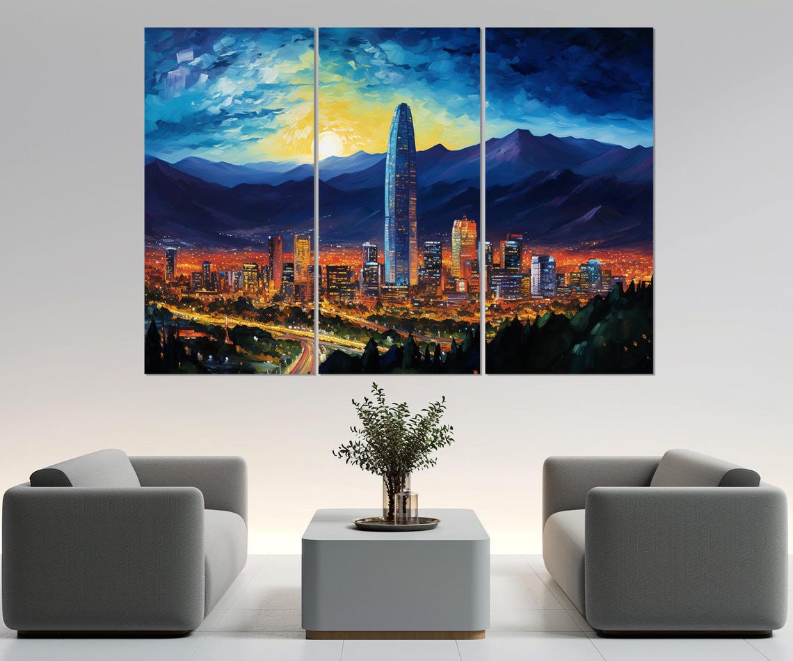 Santiago Chile Skyline Sunset Mountains Painted City Night Poster