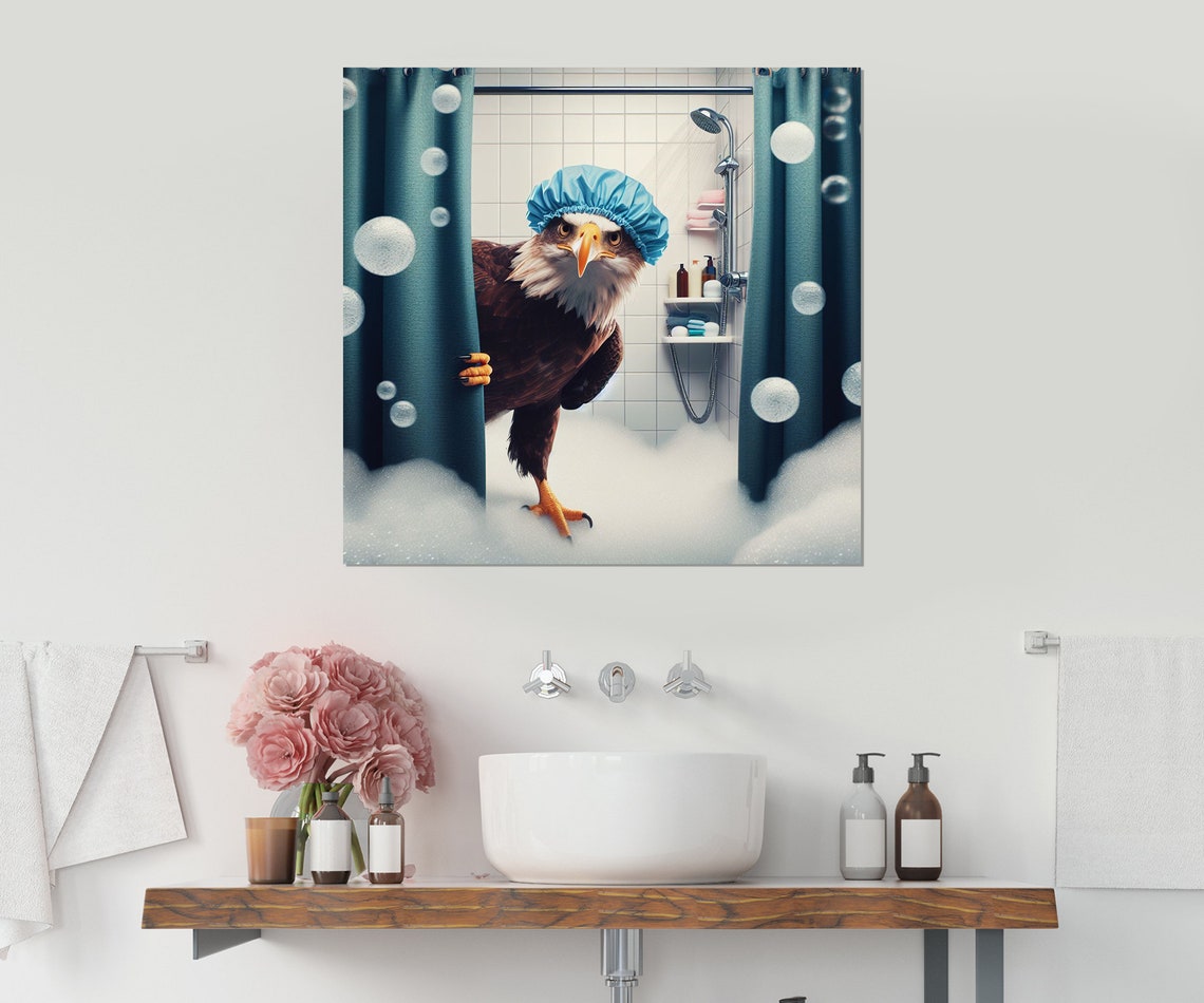 Majestic Bald Eagle in Blue Shower Cap Bubble Bath Animal Poster - Image 3
