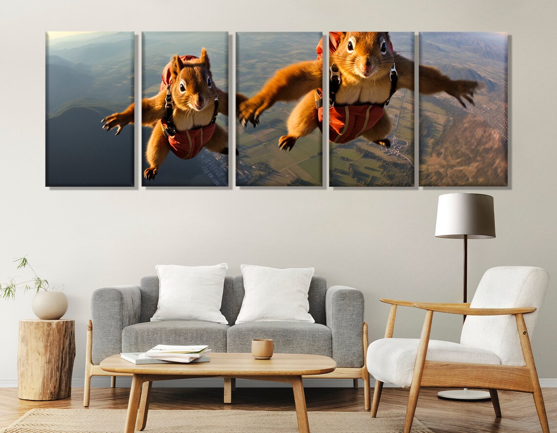 Wingsuit Skydiving Squirrels Flying Over Green Fields Funny Animal Poster - Image 4