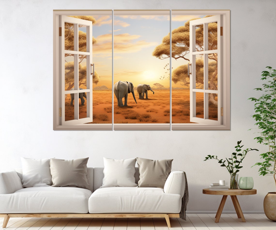 African Savannah Sunset Elephants Open Window Acacia Trees Wall Poster - Image 3