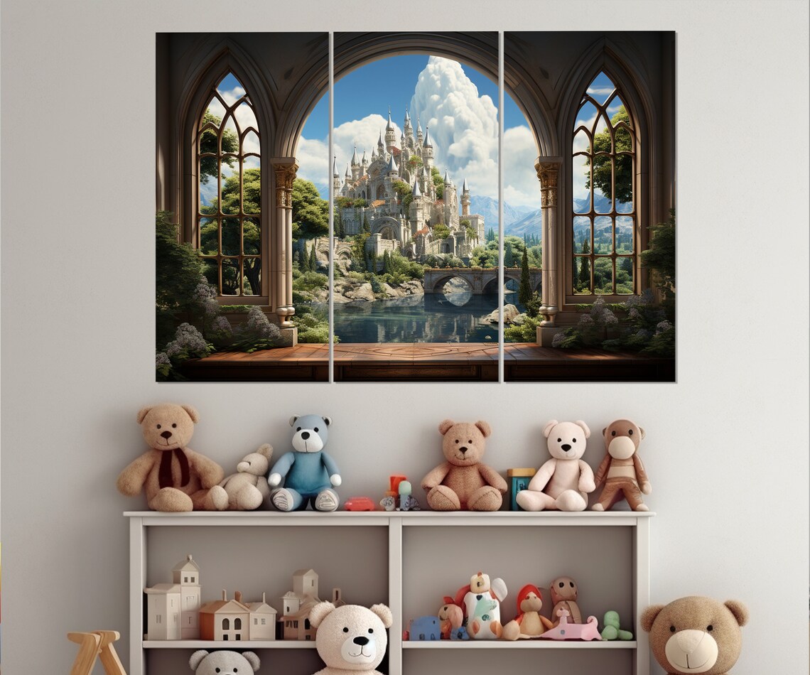 Fairytale Castle Through Gothic Stone Window Bridge Lake Fantasy Wall Poster - Image 4