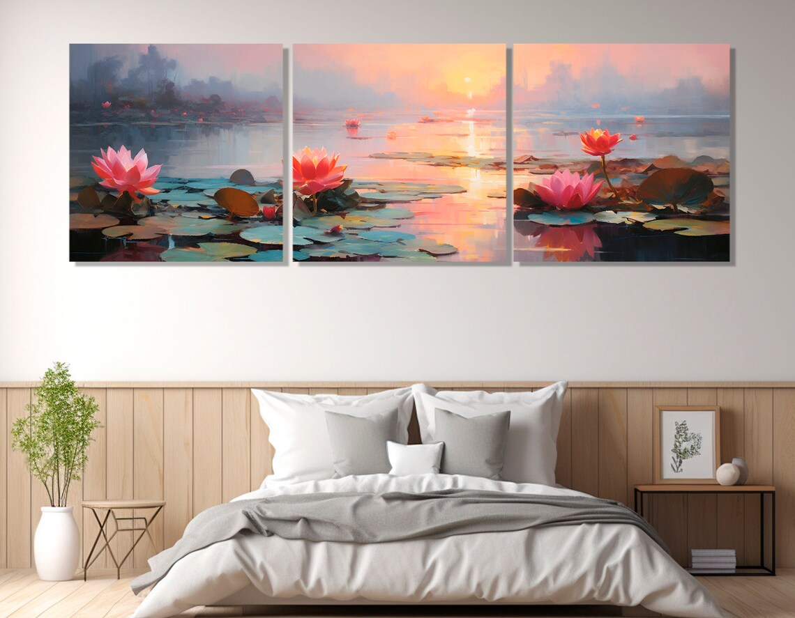 Water Lilies Sunrise Pink Lotus Flowers Misty Lake Painting Wall Art - Image 3