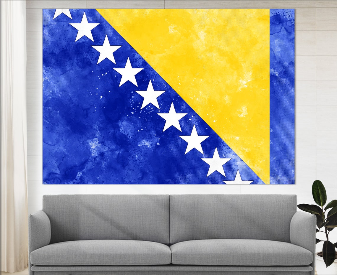 Bosnia And Herzegovina Flag Print Bosnia And Herzegovina Wall Art Flag Of Bosnia And Herzegovina Print