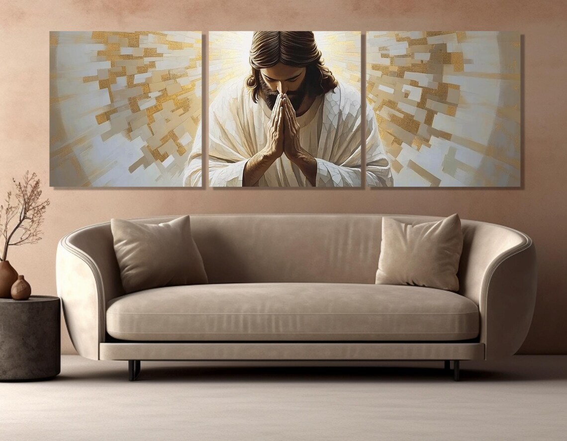 Praying Jesus Christ Golden Mosaic Halo Serene Hands Devotional Wall Poster - Image 4