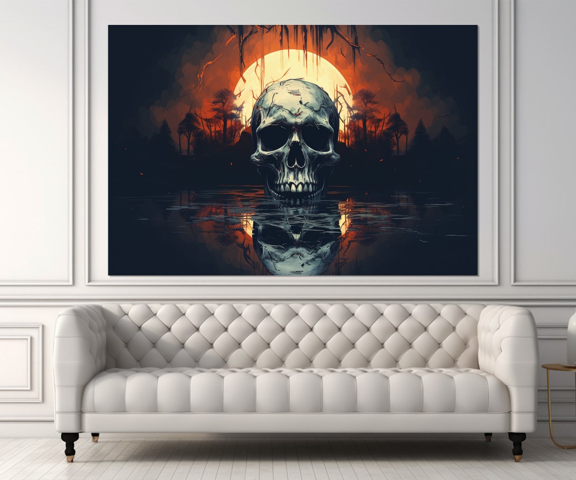 Giant Skull In Dark Water Under Full Moon Gothic Halloween Poster - Image 2