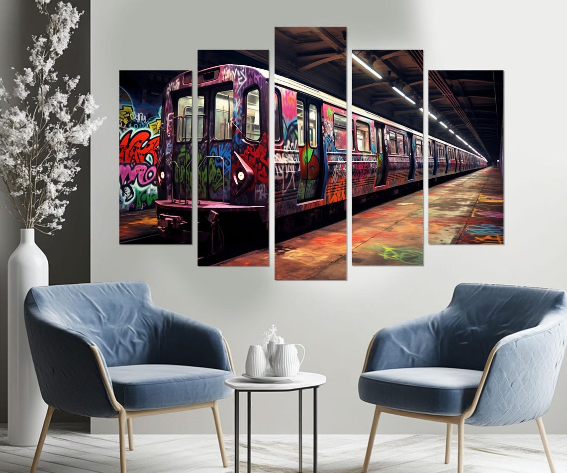 Graffiti Covered Subway Train In Dark Station Urban Street Art Poster - Image 3