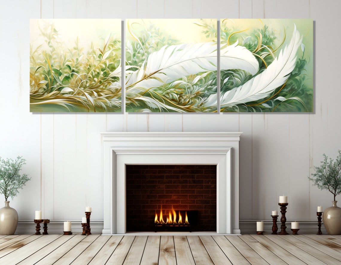 White Feathers Green Botanical Abstract Painting Panoramic Wall Art - Image 4