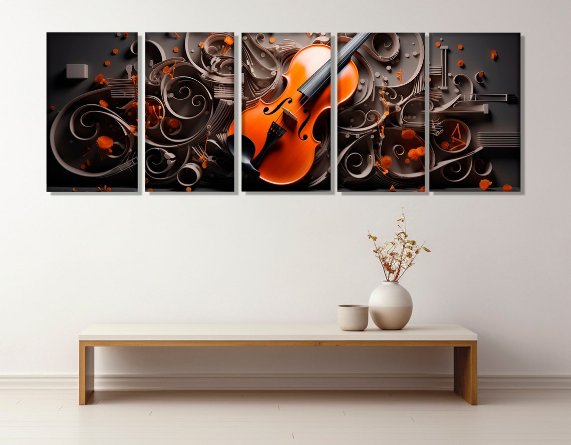 Orange Violin Quilling Paper Art Swirls Dark Background Music Wall Art - Image 3