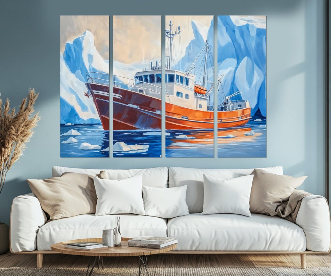 Fishing Boat In Northern Sea Print Motor Boat In Glaciers Painting Fishing Boat Wall Art Framed And Ready To Hang - Image 2