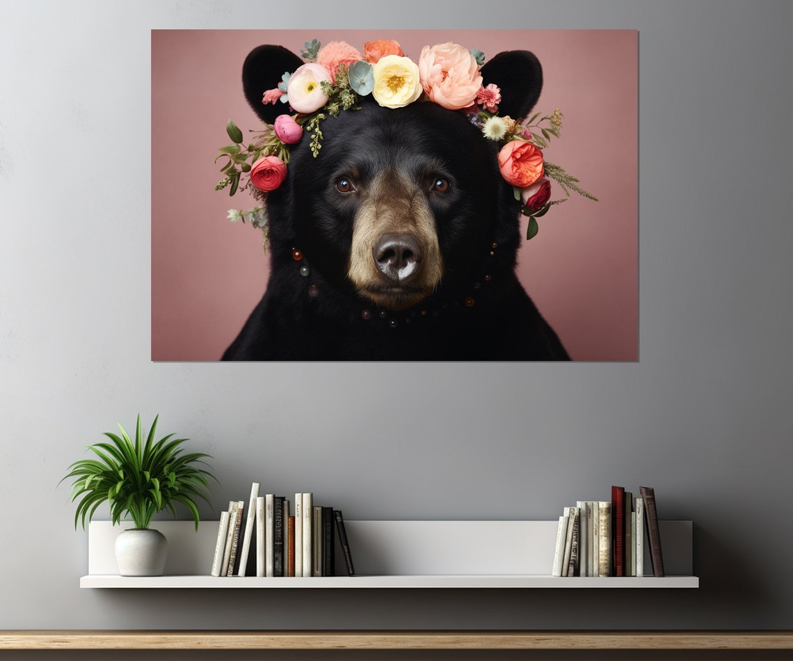Black Bear Wearing A Floral Crown On A Pink Background Poster
