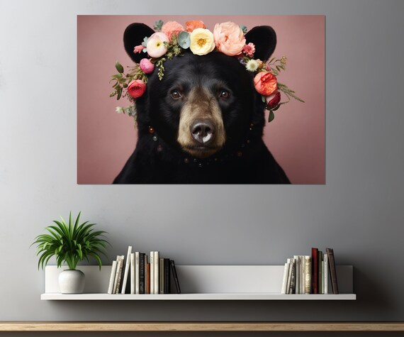 Black Bear Wearing A Floral Crown On A Pink Background Poster