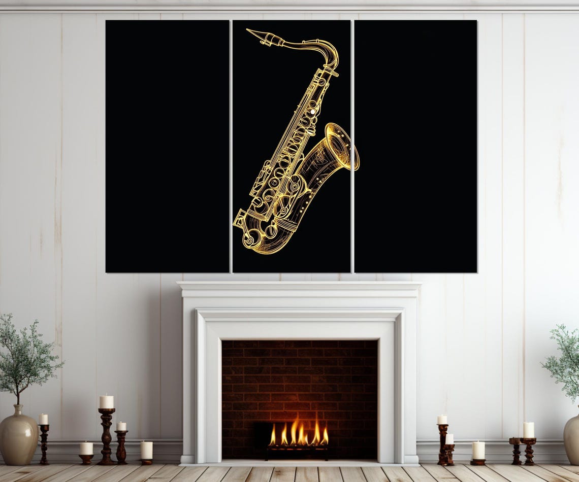 Golden Saxophone Line Art Black Background Jazz Music Wall Poster - Image 4