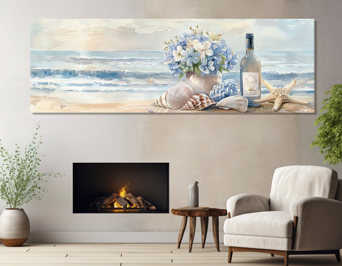 Beach Still Life Seashells Starfish Hydrangeas Wine Coastal Poster