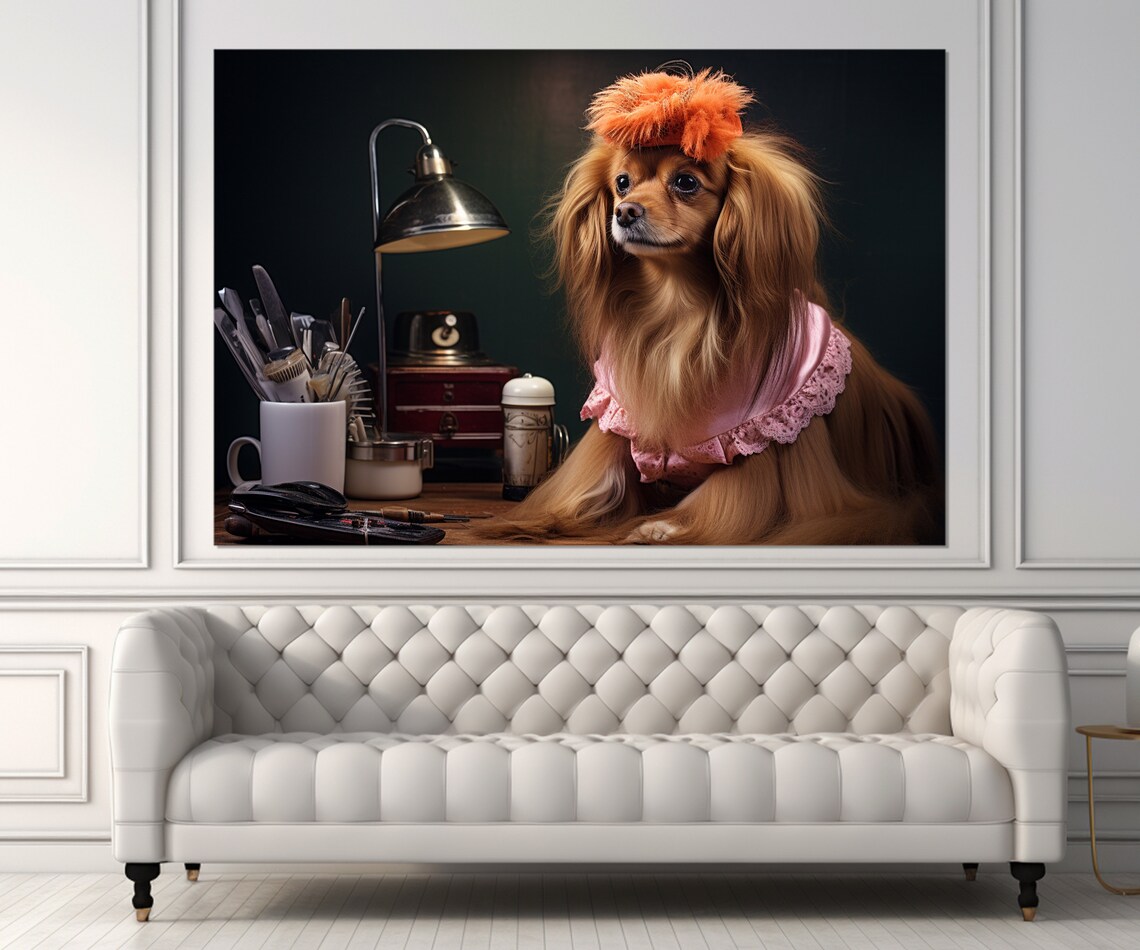 Dog Hairdresser Pink Grooming Cape Feather Hat Funny Salon Wall Art