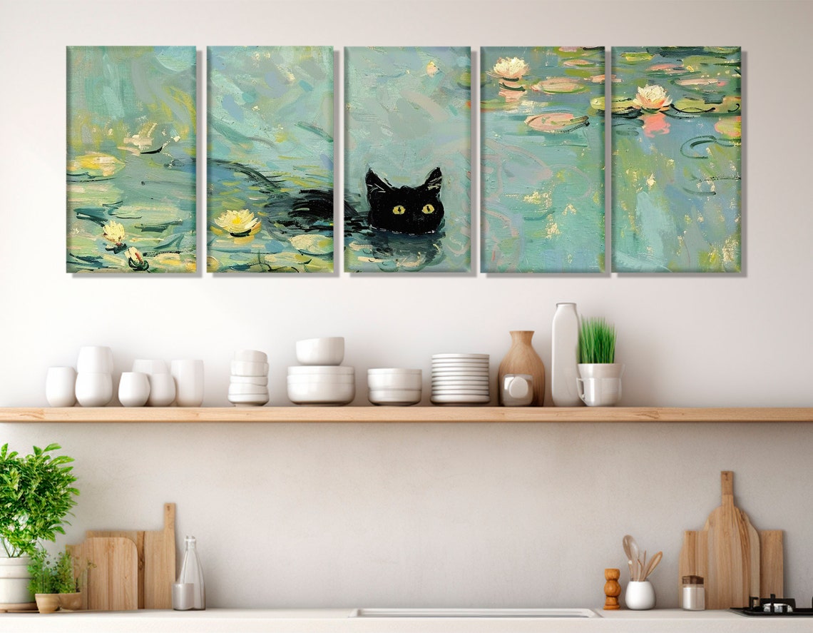 Black Cat Swimming In Water Lilies Monet Style Impressionist Poster - Image 2