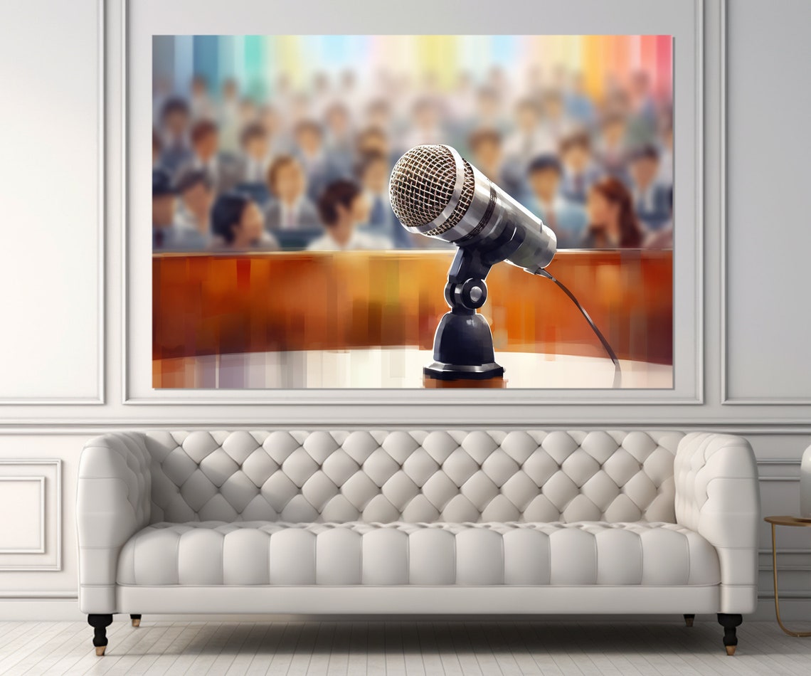 Vintage Microphone Blurred Audience Stage Lecturer Wall Art Poster - Image 4