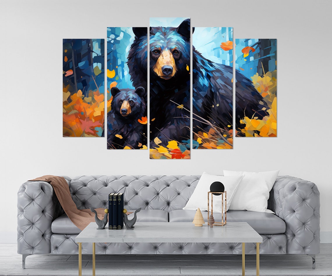 Black Bear Mother And Cub In An Autumn Forest Painterly Poster - Image 3
