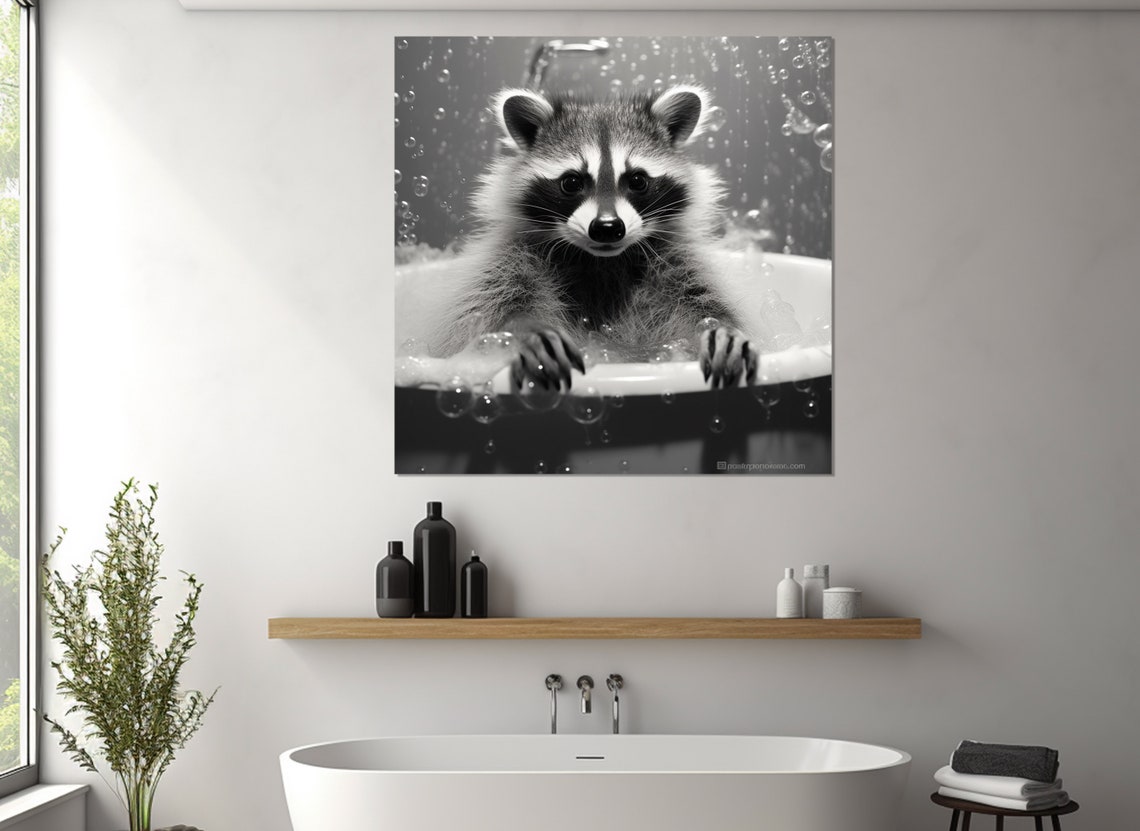 Cute Raccoon in Bubble Bath Black and White Funny Bathroom Poster - Image 2