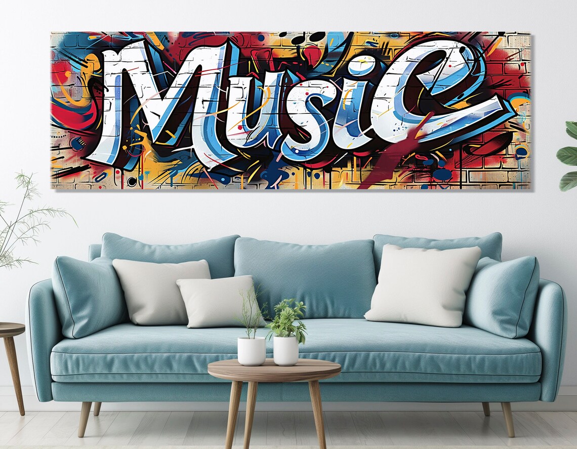 Graffiti Music Lettering Panoramic Street Art Brick Wall Painting Wall Art