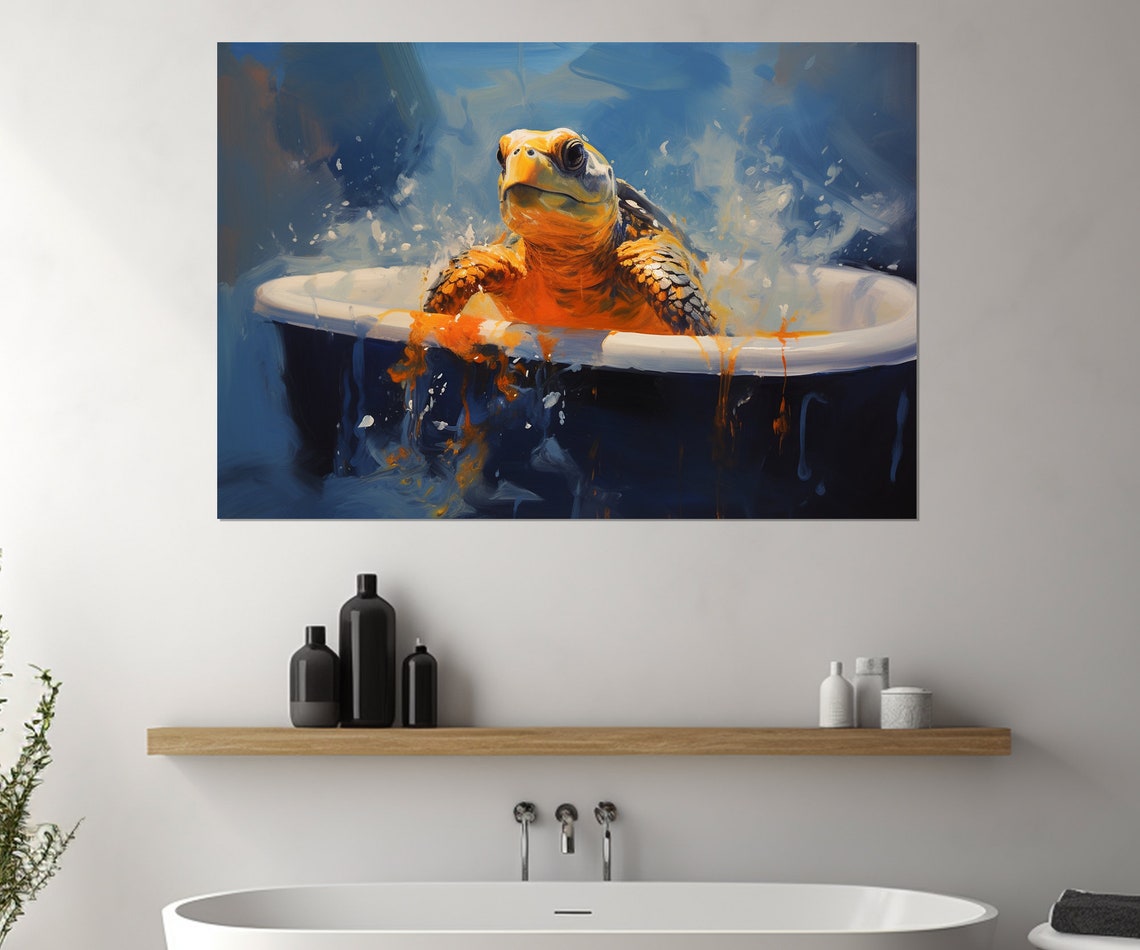 Sea Turtle Splashing In Bathtub Oil Painting Bathroom Wall Art Poster - Image 2