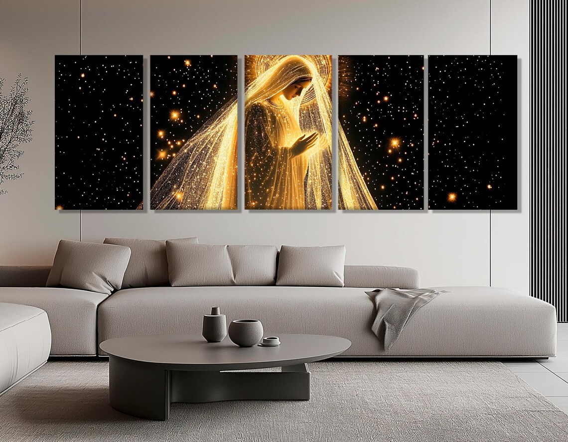 Virgin Mary Golden Veil Starry Night Glowing Religious Wall Art Print - Image 2