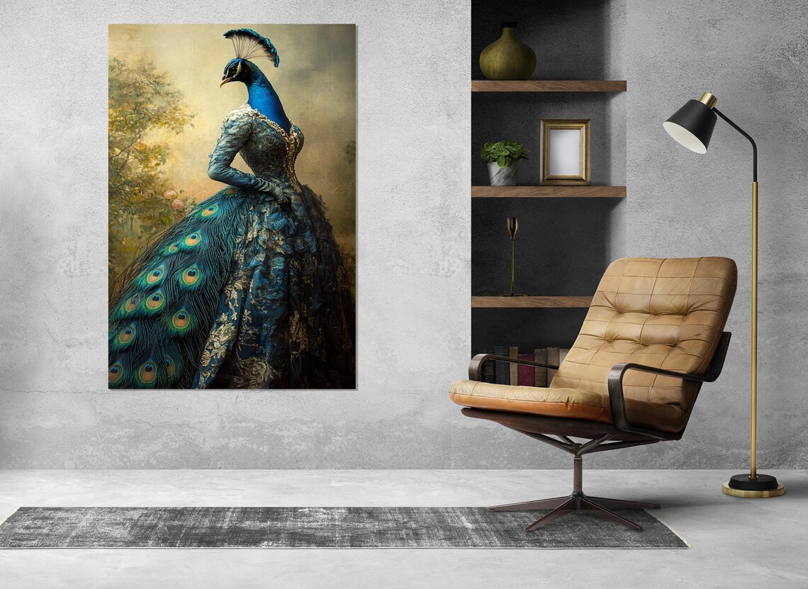 Peacock Headed Woman in Victorian Blue Gown Surreal Fantasy Art Poster - Image 3