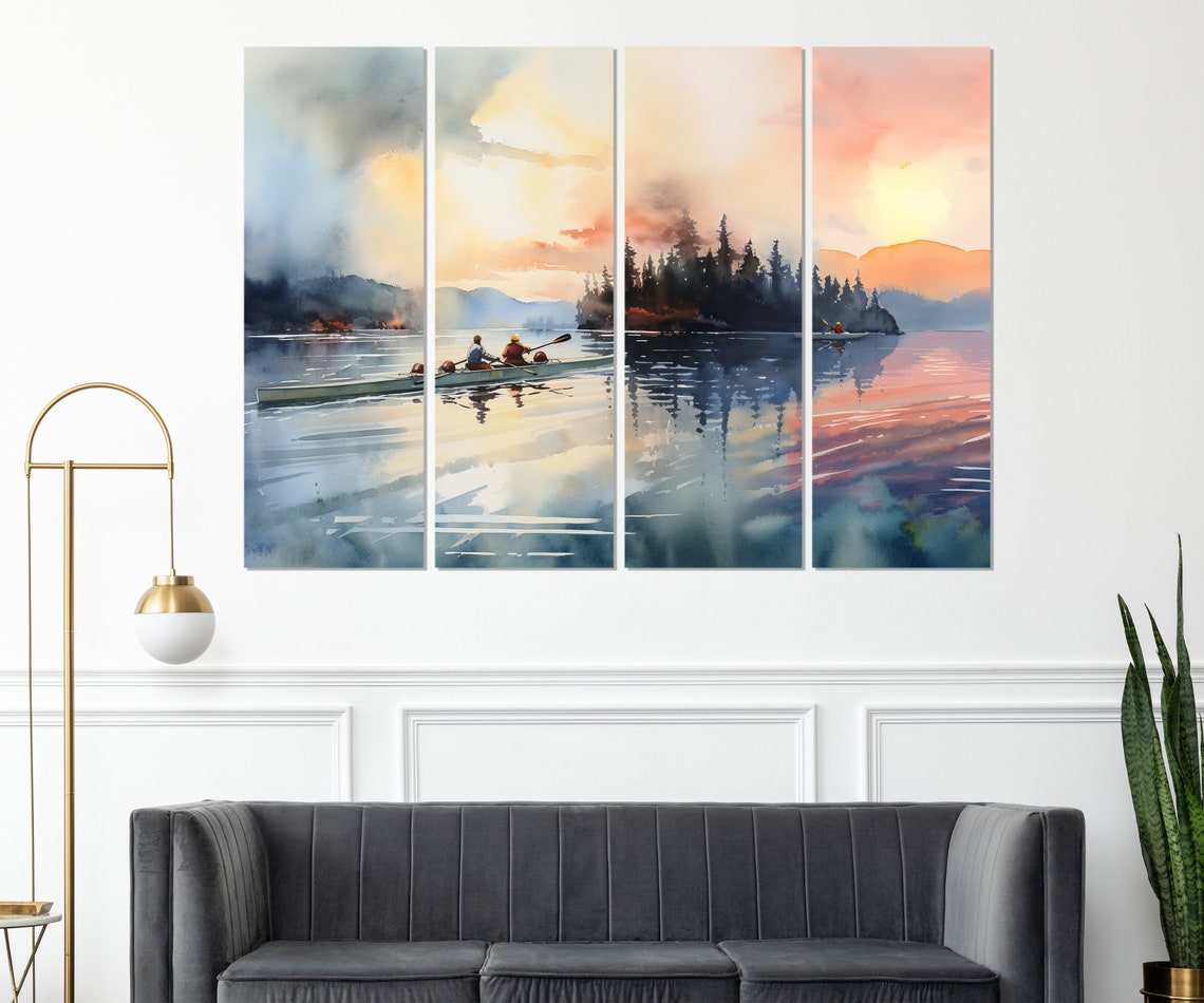 Rowers On A Misty Lake At Sunrise Watercolor Rowing Painting Poster - Image 4