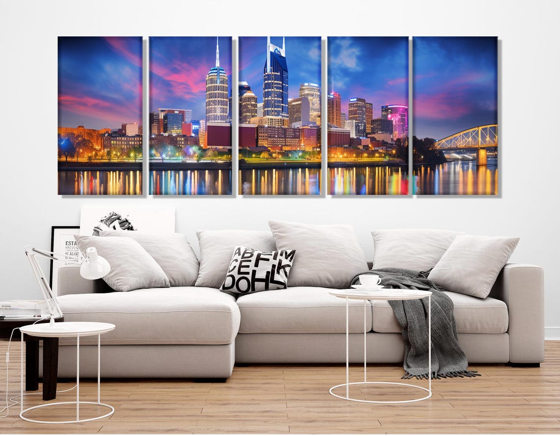 Nashville Skyline At Dusk With Cumberland River Lights Bridge Poster - Image 2